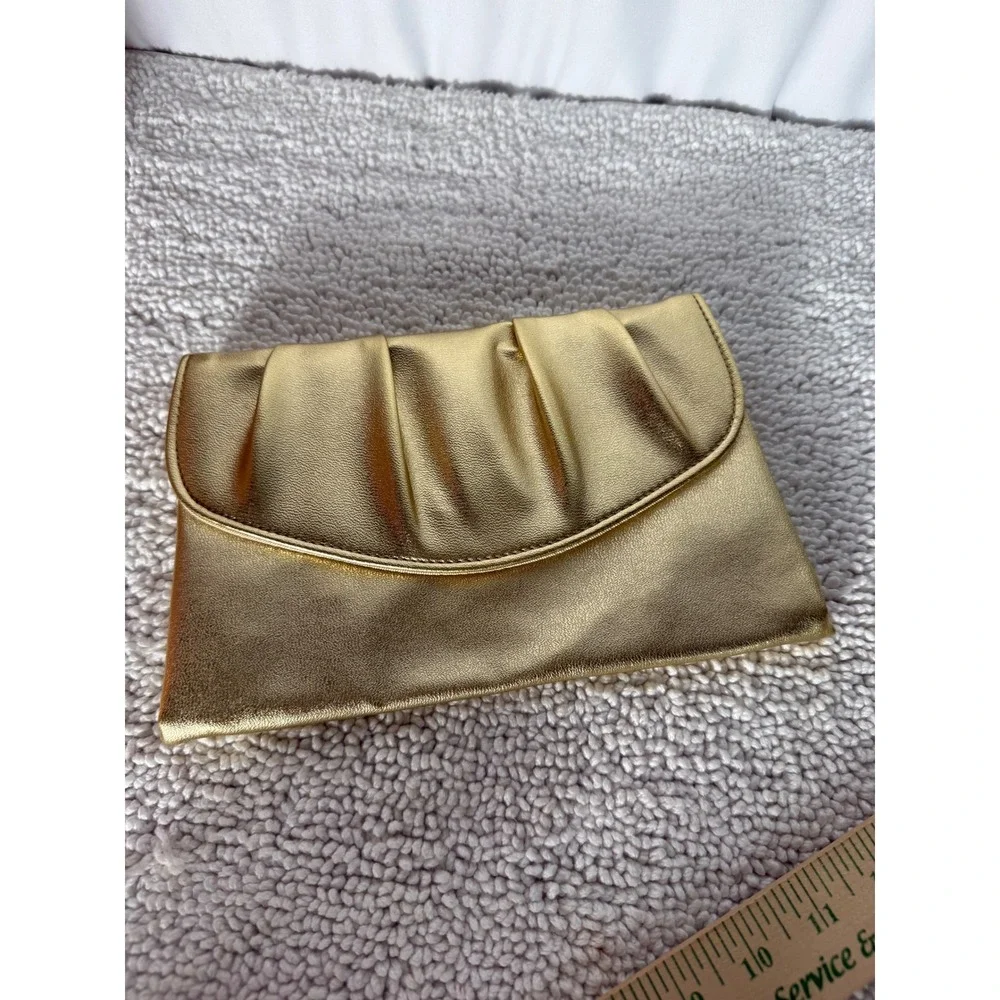 Gold Metallic Pleated Evening Clutch Bag Ruched Formal Wedding Handbag